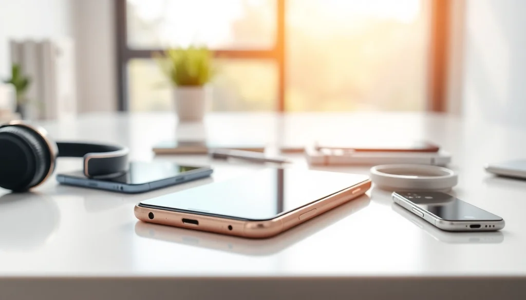Smartfony na nowoczesnym biurku z innymi akcesoriami technologicznymi