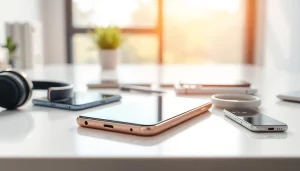 Smartfony na nowoczesnym biurku z innymi akcesoriami technologicznymi