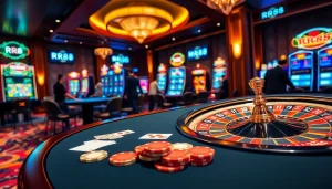 Experience thrilling gameplay at RR88 with vibrant poker chips and stunning casino tables.