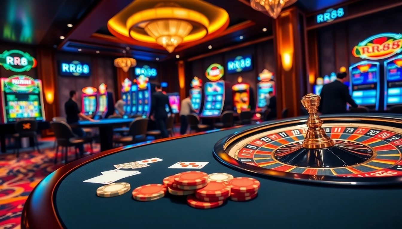 Experience thrilling gameplay at RR88 with vibrant poker chips and stunning casino tables.