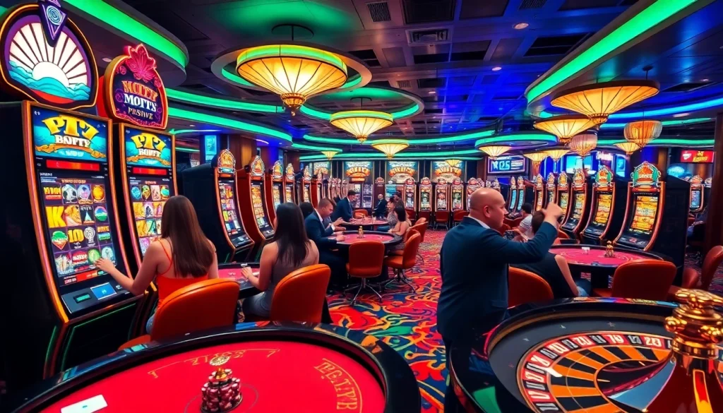 A vibrant casino scene featuring players at PG Soft slot machines, celebrating wins with excitement.