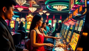 Players enjoy exciting slot games in a vibrant casino filled with colorful machines and lively atmosphere.