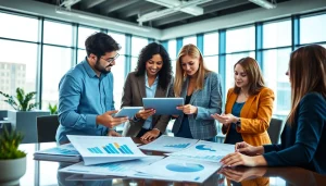 Engaged team analyzing Bid-No-Bid Analysis in a modern office setting.