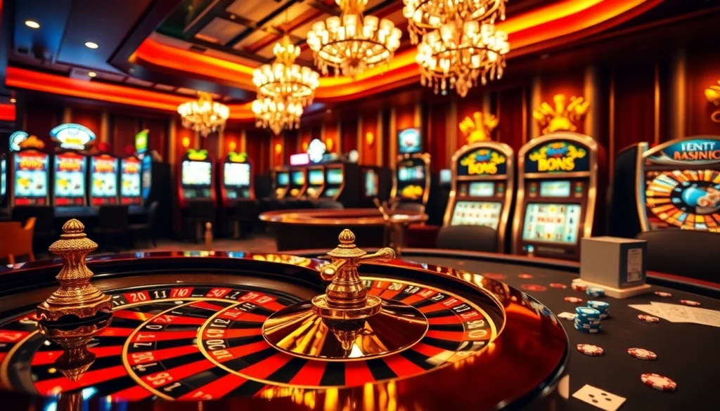 Ambiance de jeu captivante montrant un casino en ligne fiable avec roulette, jetons de poker et éclairage vibrant.