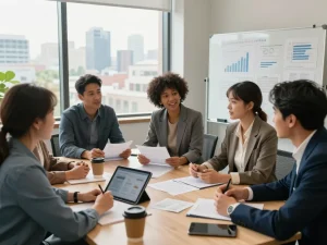 Engaging meeting among the nationwide investors group in a real estate office discussing property deals and strategies.