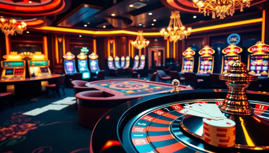 Une scène vibrante mettant en avant un casino en ligne fiable avec une table de roulette, des jeux de poker et des tickets de paris luxueux.