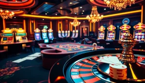 Une scène vibrante mettant en avant un casino en ligne fiable avec une table de roulette, des jeux de poker et des tickets de paris luxueux.