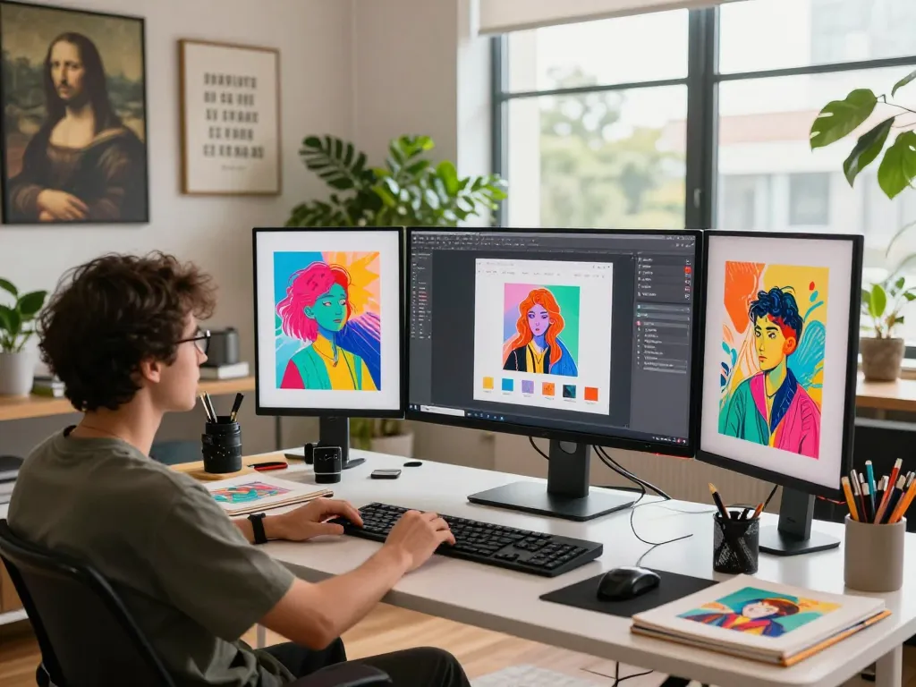 Artist generating image to prompt using advanced AI tools in a vibrant digital workspace.