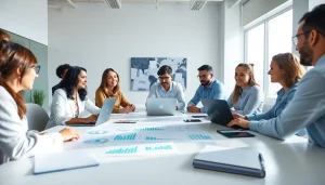 B2B competitive intelligence teams collaborating in a modern office space.