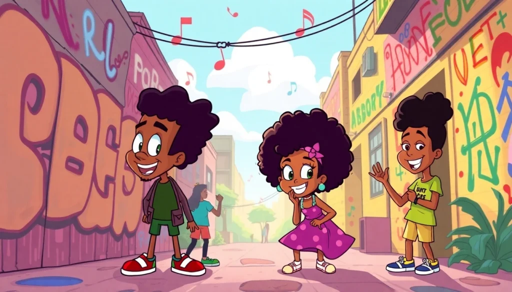 A colorful illustration of iconic African American Cartoons featuring characters like Huey Freeman and Penny Proud, embodying joy and creativity.