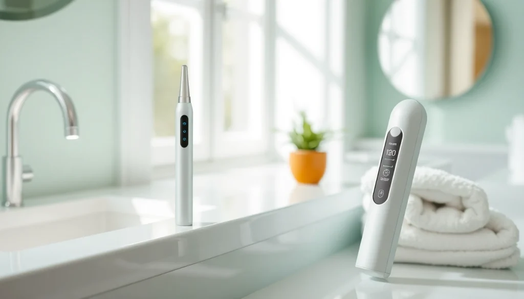 The mole freckle pen elegantly displayed on a bathroom counter, highlighting its sleek design and LED screen in a soft, inviting setting.