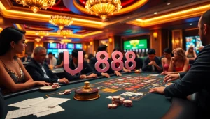 U888 players enjoying high-stakes games at an upscale casino table with luxury decor.