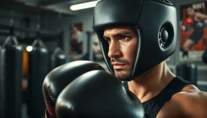 Ein Boxer trainiert mit hochwertigem headgear boxing im Fitnessstudio und zeigt Entschlossenheit.