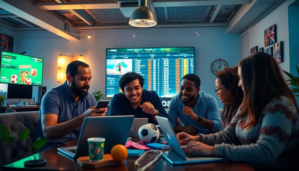A vibrant scene of a sports betting community discussing 안전놀이터 and 슈어맨3, emphasizing trust and safety.