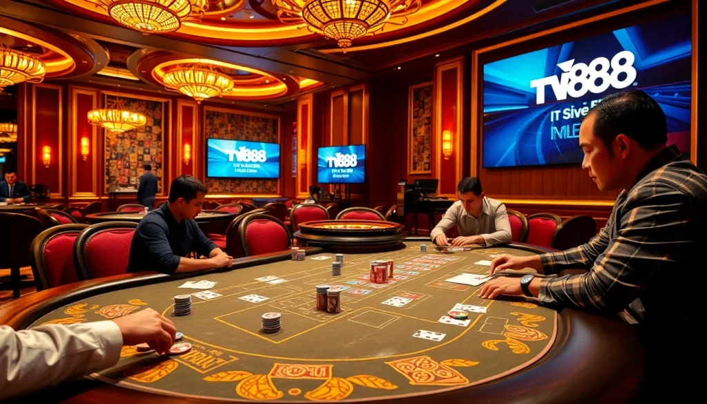 Engaged players strategizing at a luxurious poker table in a vibrant TV88 casino environment.