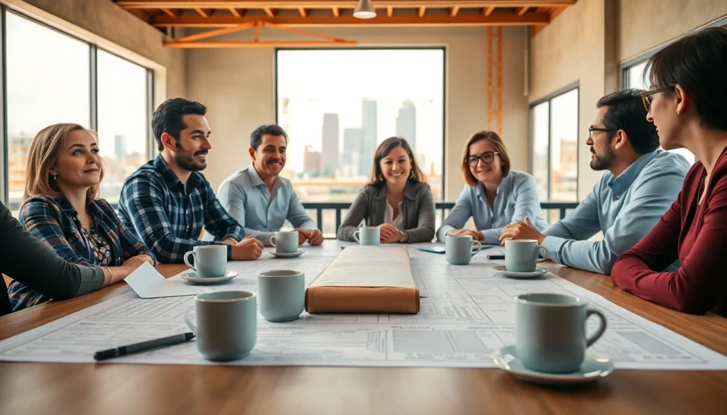 Engaging group of professionals in construction advocacy discussing blueprints at a table.