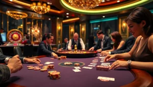 Players enjoying high-stakes poker at Jogoluck casino, showcasing excitement and luxury.