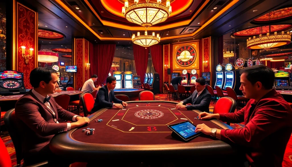 L'atmosphère captivante d'un casino en ligne fiable avec des parties de poker et un cadre luxueux.