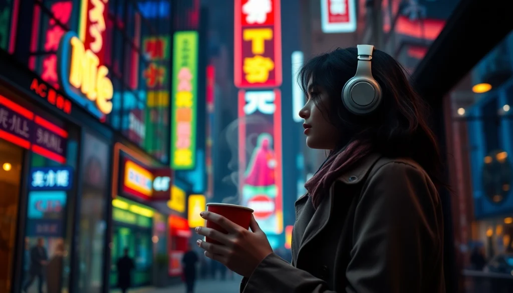 Image to prompt generator showcasing a young woman in a cityscape with neon reflections, creating a vibrant urban atmosphere.