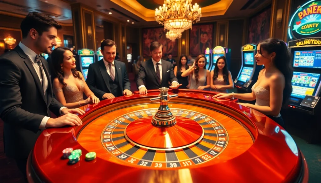 Scène passionnante de casino en ligne Français avec des joueurs à une table de roulette, atmosphère vibrante.