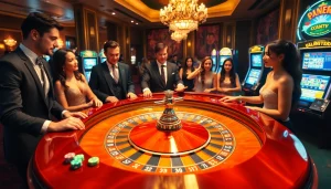 Scène passionnante de casino en ligne Français avec des joueurs à une table de roulette, atmosphère vibrante.