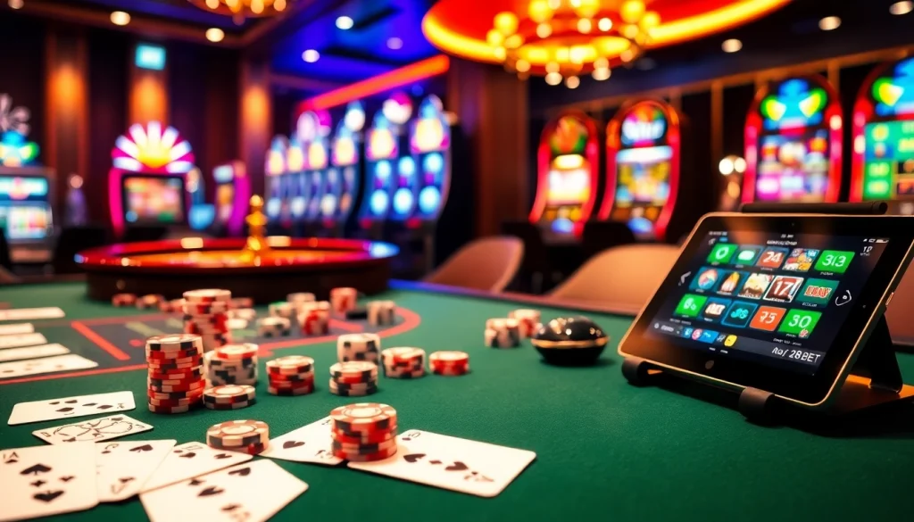 Experience thrilling games at 28BET with engaging poker chips, cards, and a roulette wheel present.