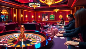 KJC casino players enjoying poker at a luxurious casino table with vibrant chips and cards.