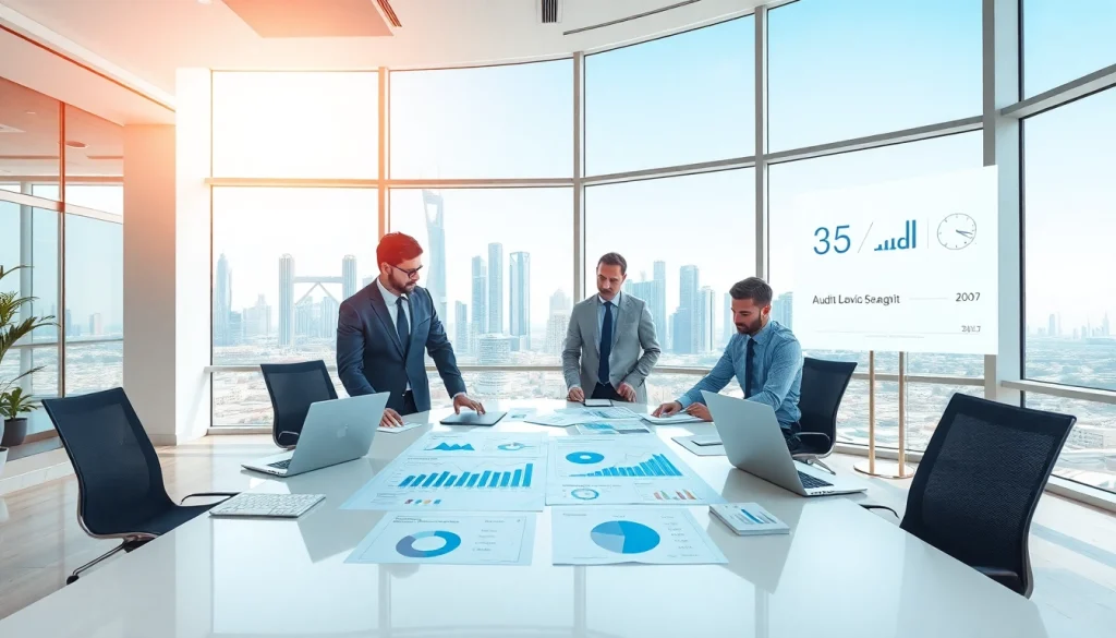 Audit Services in Dubai: Professional auditors collaborating in a modern Dubai office environment.