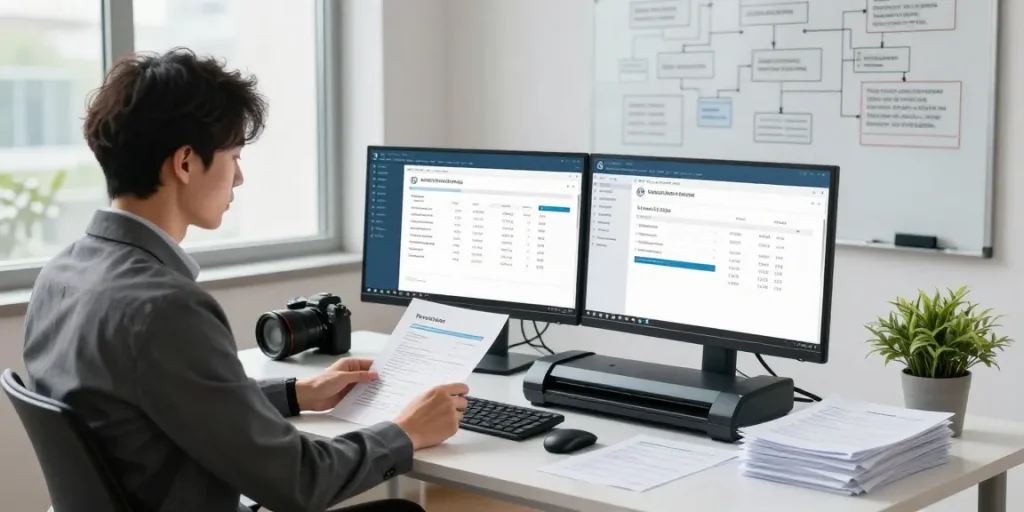 Professional analyzing invoices at a desk, utilizing AI to detect fake invoice authenticity in a modern office setting.